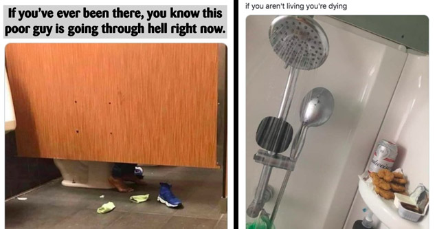 random funny memes |a meme with a guy blowing up the bathroom and a shower with beer and nuggets