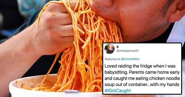 spaghetti - paper - B Loved raiding the fridge when I was babysitting. Parents came home early and caught me eating chicken noodle soup out of container...with my hands