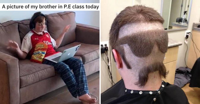 a picture of my brother in p.e. class today - mustache and sunglasses shaved into haircut