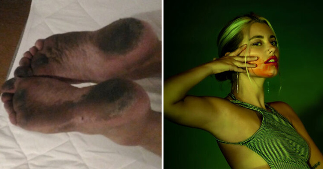 dirty feet on a bed - crazy looking woman with lipstick smeared on her face