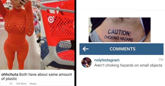 funny comments | Kylie Jenner and a Target shopping cart- caution chocking warning tattoo over crotch