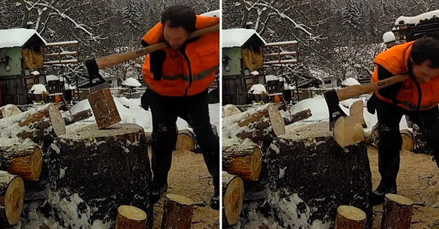 video screenshot of guy chopping wood with chin