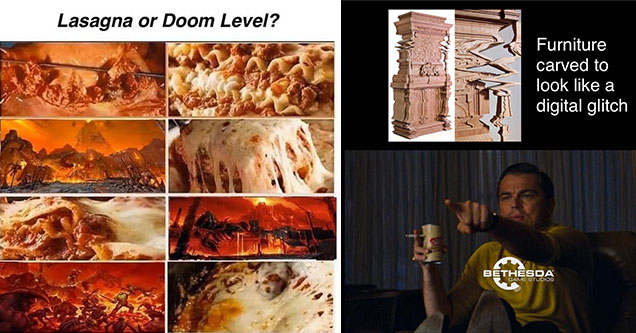 funny gaming memes -  lasagna or doom level -  furniture carved to look like a digital glitch - Bathesda - Leo pointing meme