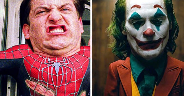 Peter Parker in Spiderman and Joaquim phoenix as the joker