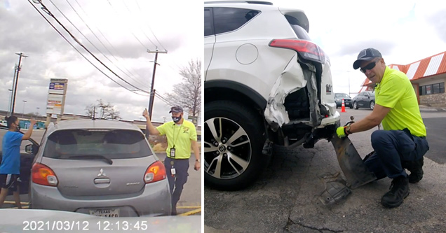 nice guy helping woman who hit his car and drove away