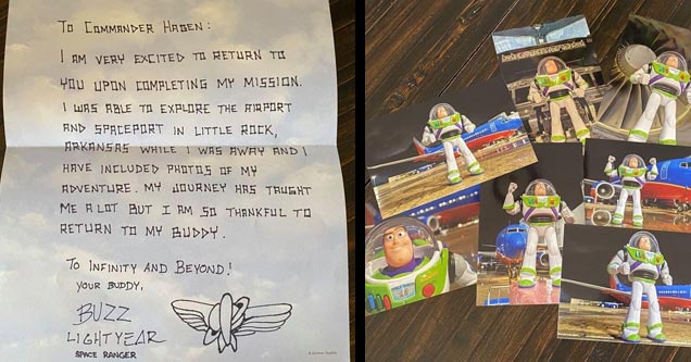 a photo of a letter from buzz lightyear and pictures of him at the airport