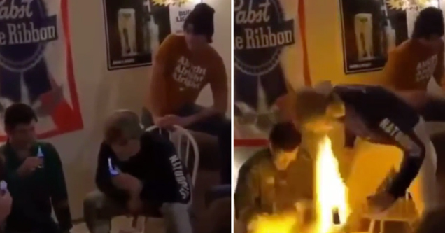 guy taking flaming shot lights himself on fire in frat house