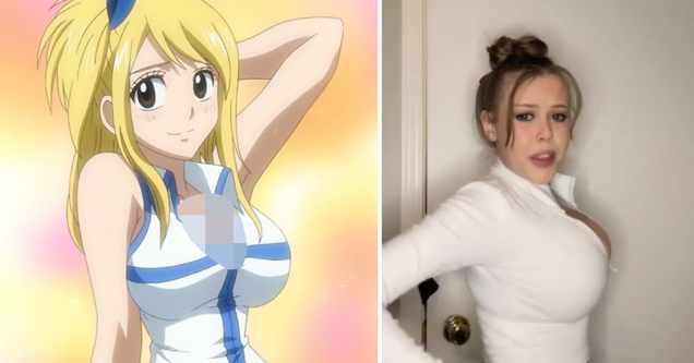 woman comparing her chest size to anime character