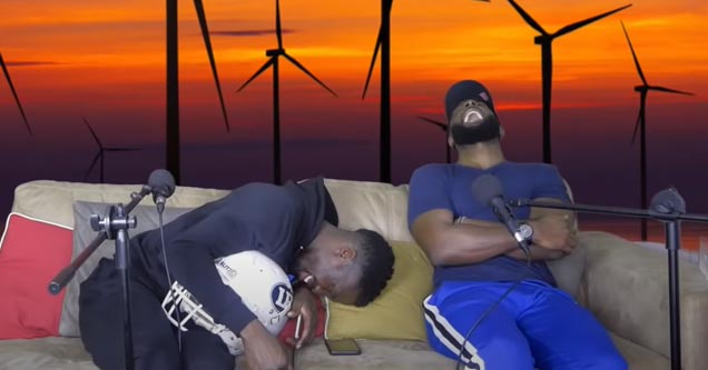 two guys on a podcast laughing while talking about wind turbines