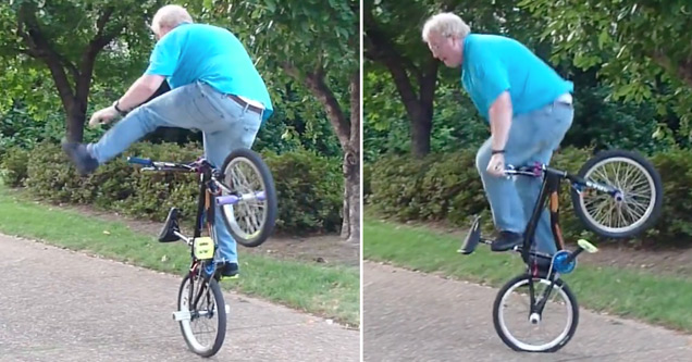 old man doing bmx tricks on a bicycle