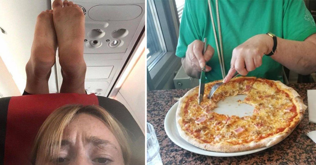 woman sitting on airplane in front of someone with their dirty feet on the headrest - woman eating a pizza with a fork and knife starting in the center of the pizza