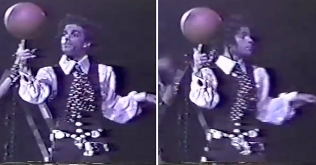 video screenshot of prince playing basketball during a concert