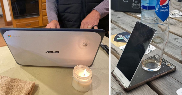 dad burning his laptop on a candle - broke phone screen propped up by beer glass