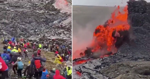 people in iceland watching volcano erupt