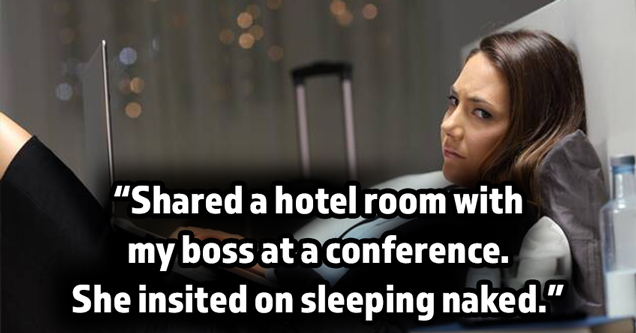 stock photo woman sitting on bed - shared a hotel room with my boss at a conference. she insisted on sleeping naked.