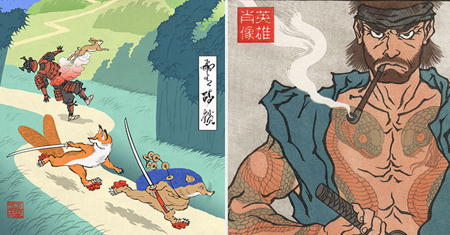 video game characters painted in the classical Japanese style -  Sonic the hedgehog and Tails -  Solid Snake