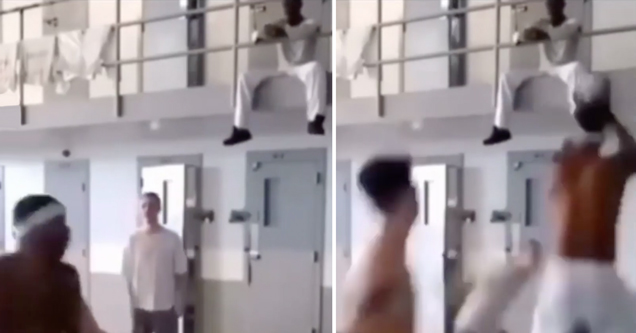 guys in prison playing basketball but one guy is playing as the hoop