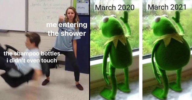 me entering the shower. the shampoo bottles I didn't even touch - kermit the frog looking out the window but he's fat. march 2020 march 2021