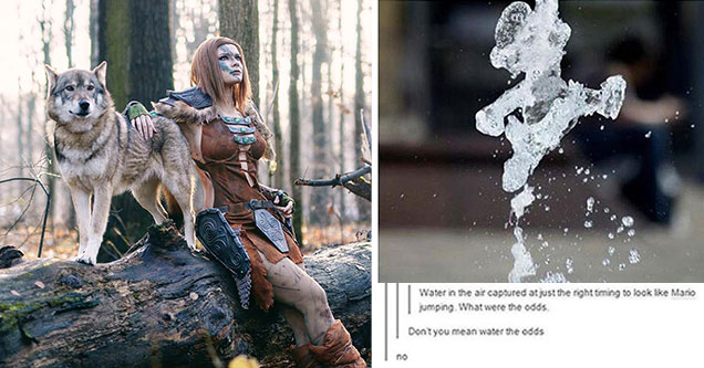 funny and cool gaming memes -  woman and dog cosplay -  water frozen in air that looks like mario