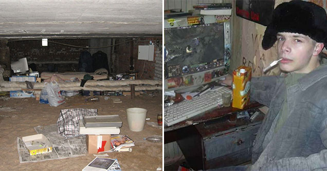 gaming battle stations from hell -  gaming set up in a gross basement -  young kid smoking a cigarette next to his disgusting computer