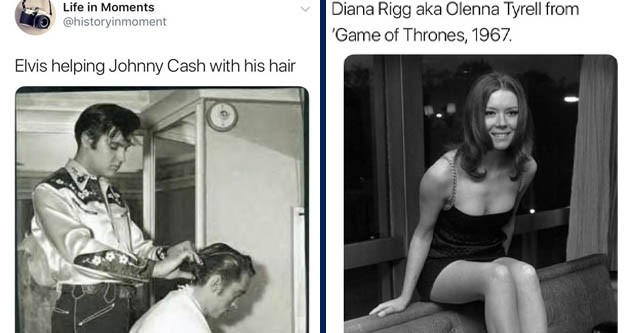 elvis and johnny cash hair - Life in Moments Elvis helping Johnny Cash with his hair | emma peel - Life in Moments Diana Rigg aka Olenna Tyrell from 'Game of Thrones, 1967. 3342