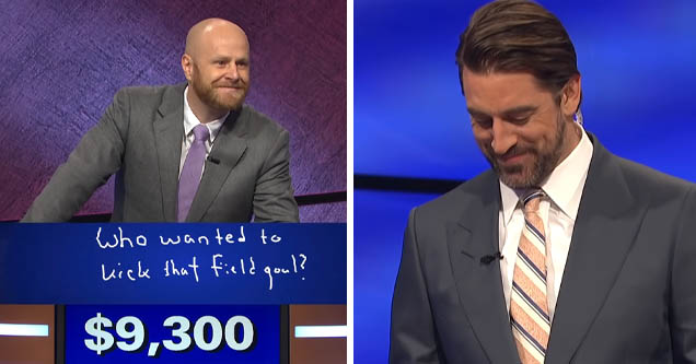 'Jeopardy' contestant trolls guest host Aaron Rodgers				           ebw-popculture ebw-sports bucs tampa bay green bay packers buccaneers tampa bay buccaneers packers nfl football game show rodgers brady playoffs jeopardy trolling lol funny aaron rodgers final jeopardy matt lafleur green bay