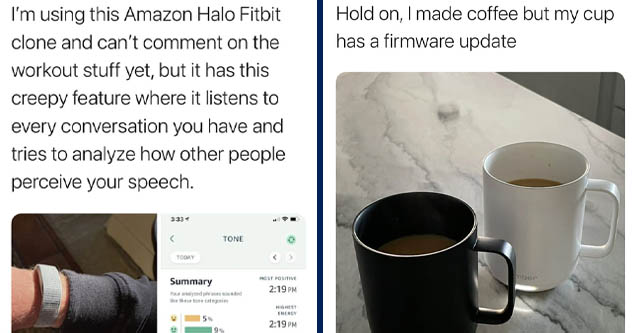 media - Quinn Nelson I'm using this Amazon Halo Fitbit clone and can't comment on the workout stuff yet, but it has this creepy feature where it listens to every conversation you have and tries to analyze how other people perceive your speech. | coffee cu