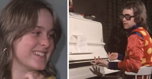 Maxine Feibelman, Bernie Taupin's girlfriend and the woman who inspired the lyrics to 'Tiny Dancer', looks on as Elton John puts a melody to the song