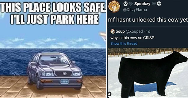 funny gaming memes -  this place looks safe. I'll just park here -  Street Fighter car meme -  why is this cow so dark - this mf has not unlocked the cow yet