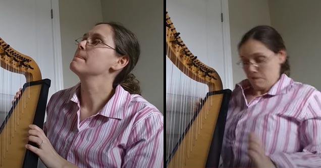 a woman playing a harp is startled when a string snaps