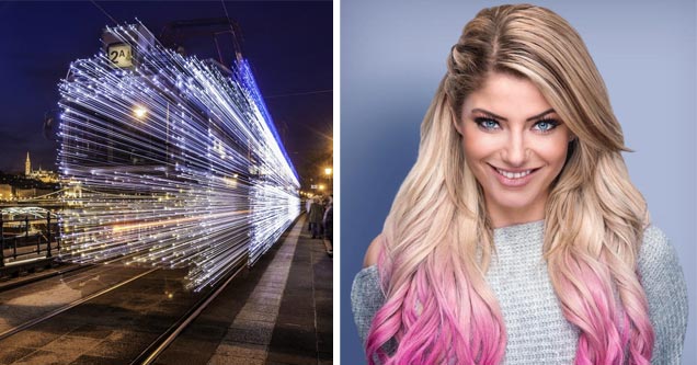 a pretty blonde woman with pink and blond hair and a cool timelapse photo of a train