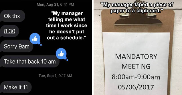 screenshot - Mon, Aug 31, Ok thx Sorry 9am Take that back 10 am Tue, Sep 1, Make it 11 - My manager telling me what time I work since he doesn’t put out a schedule | boss taped this on a clipboard - Mandatory Meeting amam 05062017 - My manager taped a pie