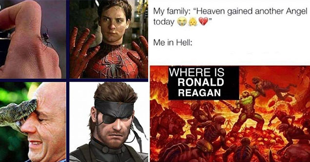 funny gaming memes -  spiderman bit by spider - solidsnake bit by snake -  doom guy goes to hell looking for Ronald Reagan