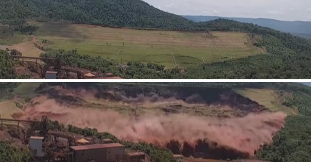 two photos of a dam in brazil breaking