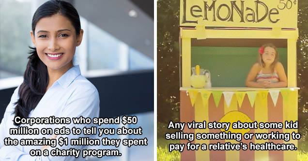 Smiling corporate woman stock photo - Corporations who spend $50 million on ads to tell you about the amazing $1 million they spent on a charity program. | poster - LeMoNaDe 509 Ten - Any viral story about some kid selling [stuff] to pay for a relatives h