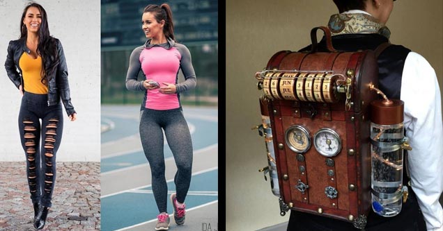 a hot chick in yoga pants and a steampunk backpack