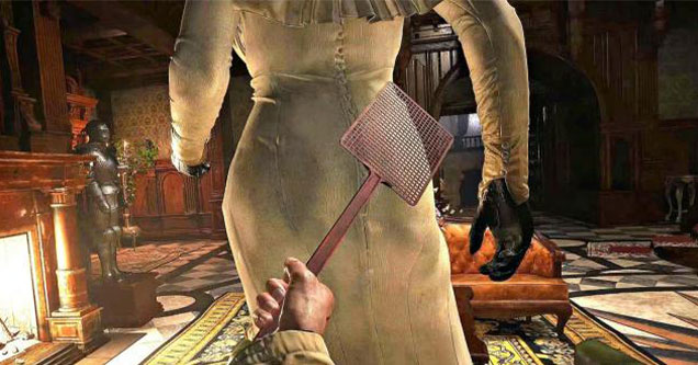 spanking the big lady vampire in resident evil 8 the village -  Lady Dimitrescu being spanked with a fly swatter