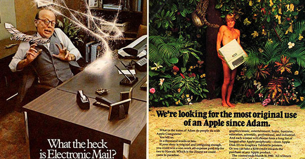 vintage computer ads are a trip from the past -  man being shocked by electric mail - naked dude holding a pc