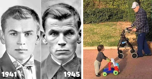 photo - WWII 1941-1945 comparison photo photo - old man walking by toddler