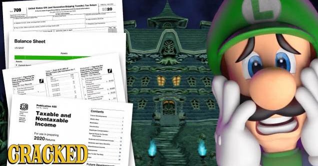 Luigi looking scared by tax documents