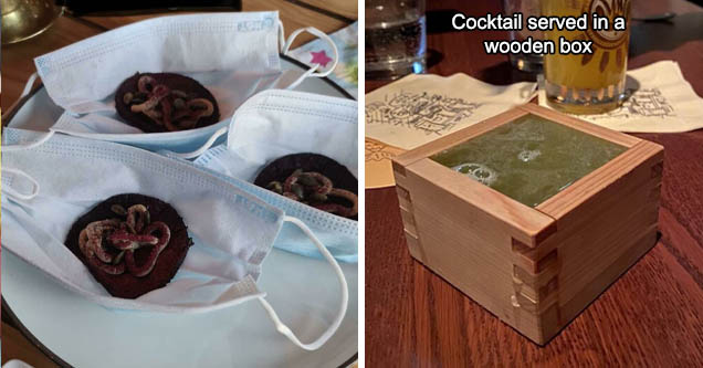 tableware - masks | table - cocktail served in a wooden box