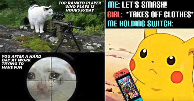 funny gaming memes -  me trying to play after a long day of work - ranked player destroying me -  Pikachu -  Want to smash -  pulls out switch