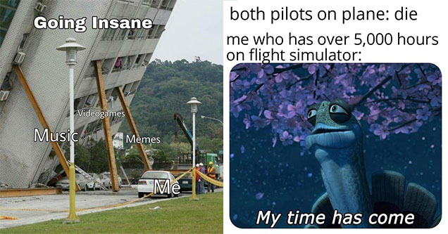 Funny gaming memes -  building falling over being held up by support beams -  Going Insane -  Memes, Music, Video Games - Both pilots die on plane -  me who has over 5,300 hours on flight simulator -  my time has come