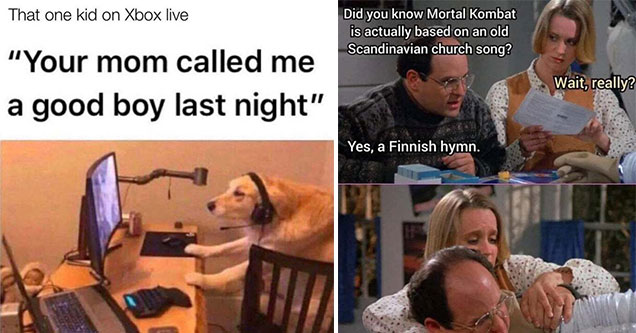 funny gaming memes -  that one kids on xbox live -  your mom called me a good boy last night -  dog gaming -  sienfeld meme - did you know Mortal Kombat -  Finnish Hyme pun