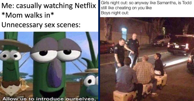 allow us to introduce ourselves - Me casually watching Netflix Mom walks in Unnecessary sex scenes you Allow us to introduce ourselves, | Humour - Girls night out so anyway Samantha, is Todd still cheating on you Boys night out