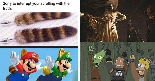 funny gaming memes -  sorry to interrupt your scroll with the truth - mario and luigi wearing fox butt plugs -  The Big Lady Vampire -  Fry in a dungeon