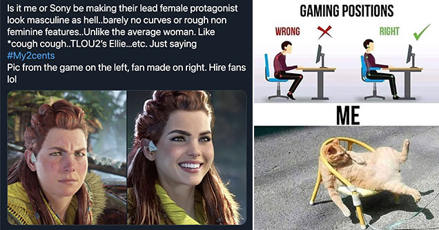 funny gaming memes -  Aloy tweet about Sony not making pretty female characters -  gaming positions -  cat sitting in chair