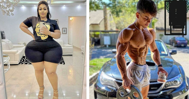 a woman with ridiculously photoshopped legs and a guy with fake muscles