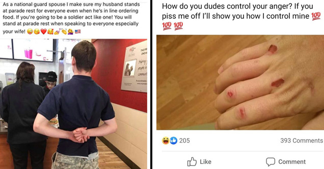 a cringe post about a military spouse and a guy with bloody knuckles trying to act like a badass