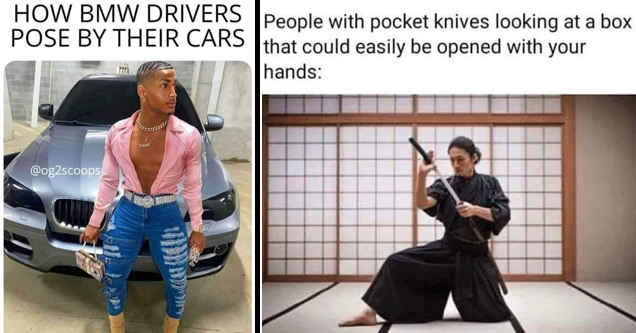 a funny meme about how bmw owners pose with their cars